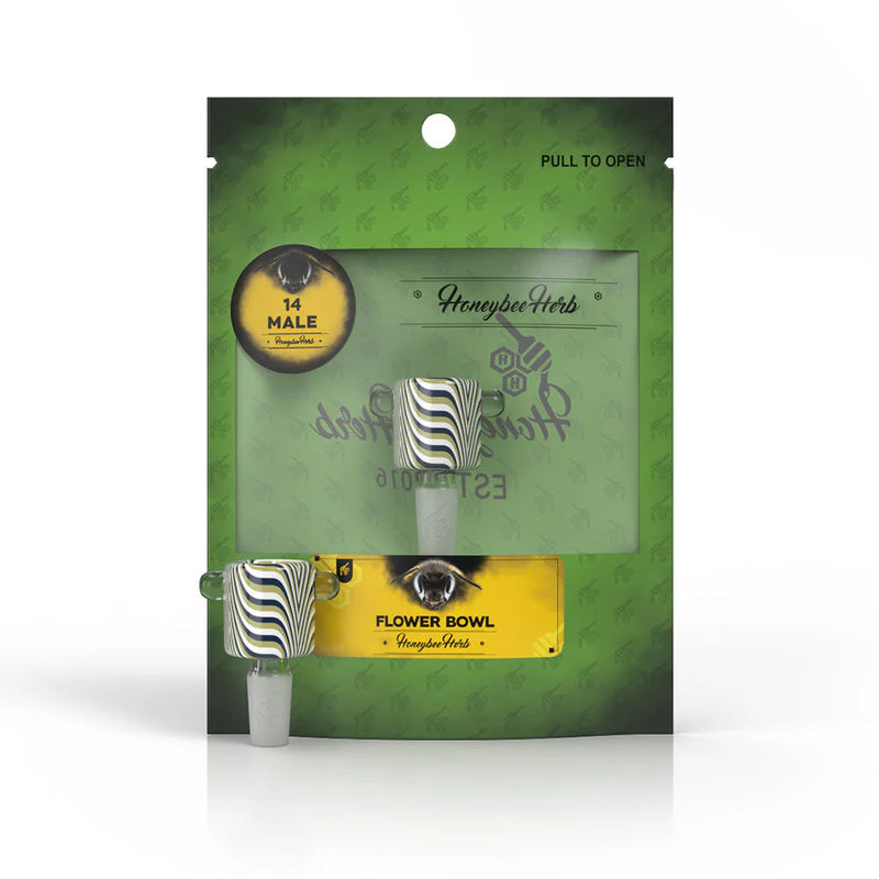 Honeybee Herb Green Line Swirl Bowl Piece - 14mm Male - Color:Blue/Green