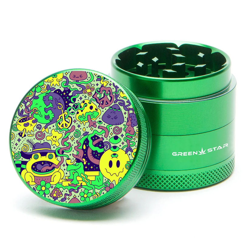 Green Star Creature Small 4-Piece Grinder - Style:Trippy Drippy - Color:Green