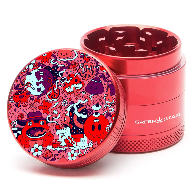 Green Star Creature Small 4-Piece Grinder - Style:Trippy Drippy - Color:Red