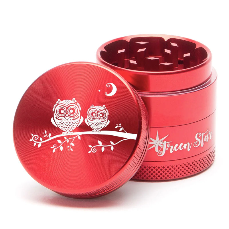 Green Star Creature Small 4-Piece Grinder - Style:Double Owls - Color:Red