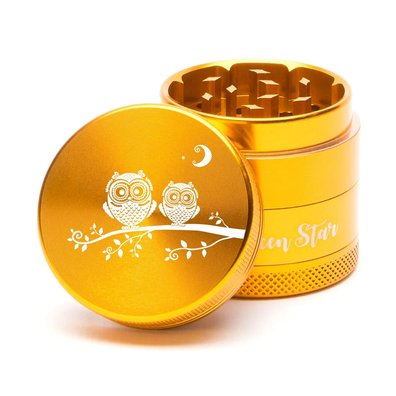 Green Star Creature Small 4-Piece Grinder - Style:Double Owls - Color:Gold