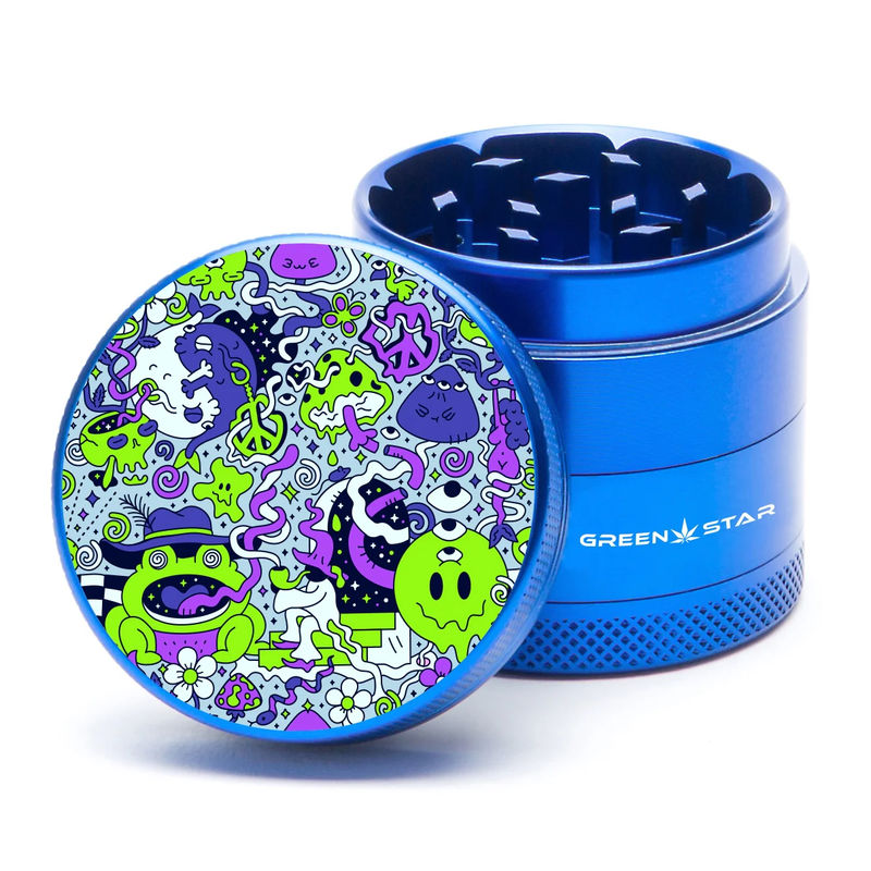 Green Star Creature Small 4-Piece Grinder - Style:Trippy Drippy - Color:Blue