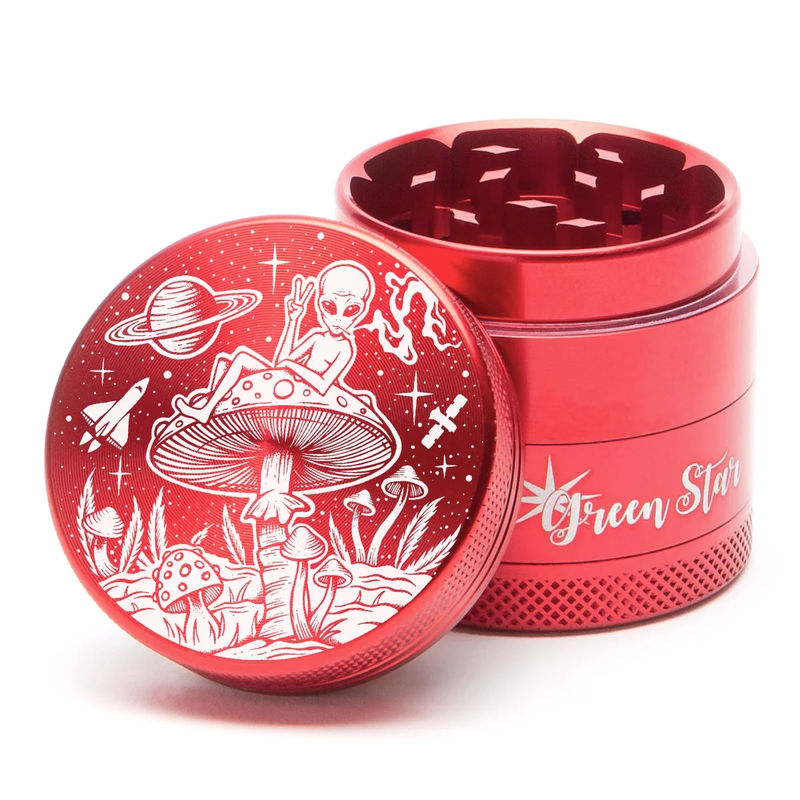 Green Star Creature Small 4-Piece Grinder - Style:Alien On Mushrooms - Color:Red