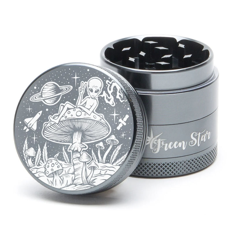 Green Star Creature Small 4-Piece Grinder - Style:Alien On Mushrooms - Color:Grey