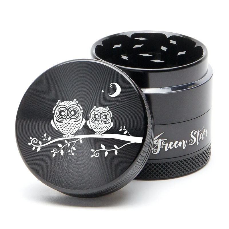 Green Star Creature Small 4-Piece Grinder - Style:Double Owls - Color:Black