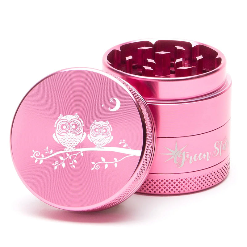 Green Star Creature Small 4-Piece Grinder - Style:Double Owls - Color:Pink