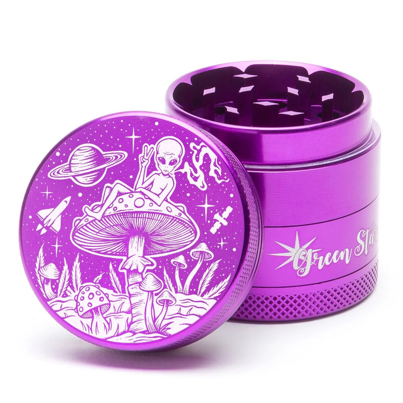 Green Star Creature Small 4-Piece Grinder - Style:Alien On Mushrooms - Color:Purple