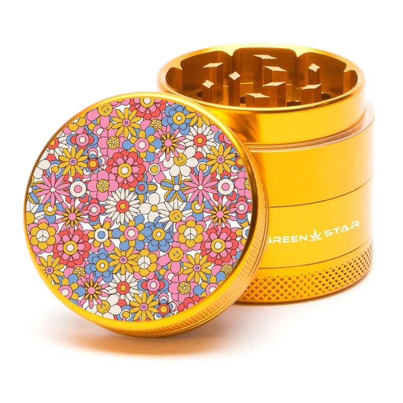 Green Star Novelty Small 4-Piece Grinder - Style:Flowers - Color:Gold
