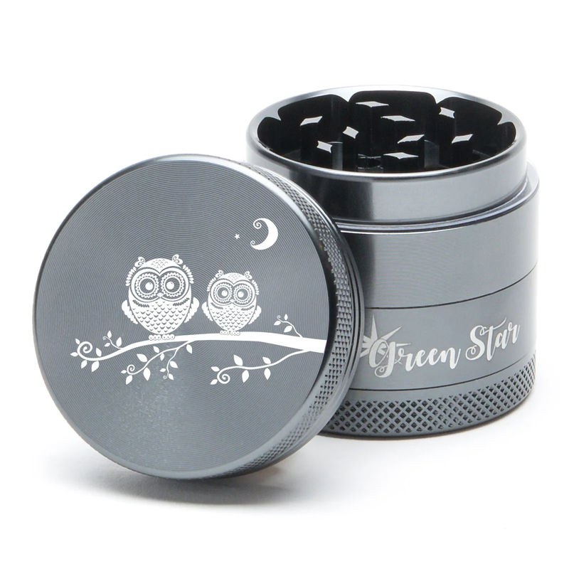 Green Star Creature Medium 4-Piece Grinder - Style:Double Owls - Color:Grey