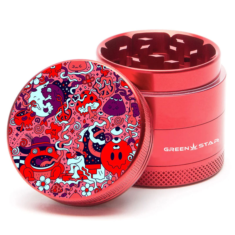 Green Star Creature Medium 4-Piece Grinder - Style:Trippy Drippy - Color:Red