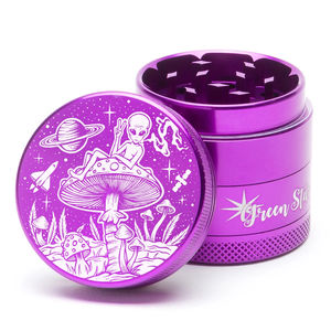 Green Star Creature Medium 4-Piece Grinder - Style:Alien On Mushrooms - Color:Purple