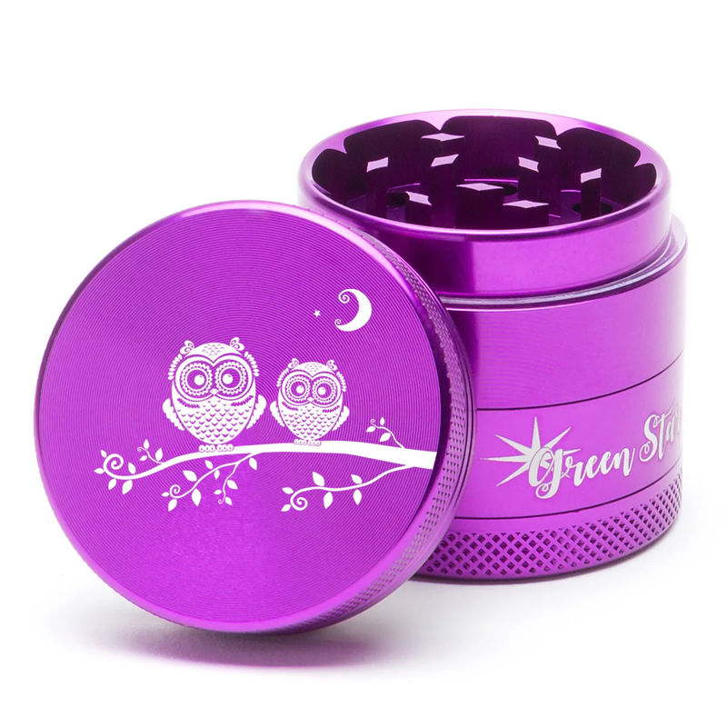 Green Star Creature Medium 4-Piece Grinder - Style:Double Owls - Color:Purple