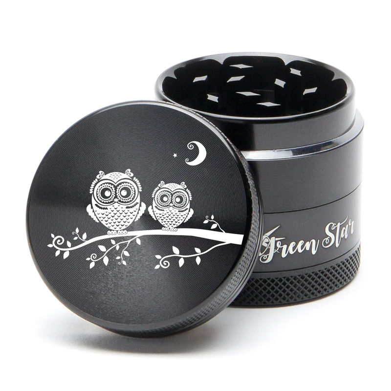 Green Star Creature Medium 4-Piece Grinder - Style:Double Owls - Color:Black