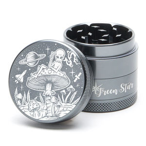 Green Star Creature Medium 4-Piece Grinder - Style:Alien On Mushrooms - Color:Grey