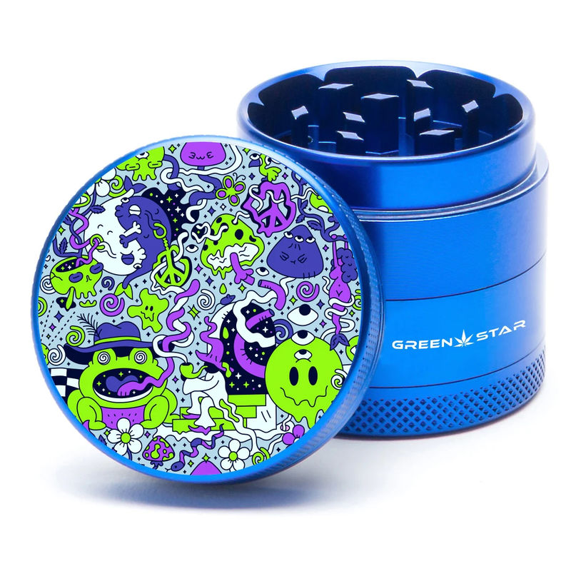 Green Star Creature Medium 4-Piece Grinder - Style:Trippy Drippy - Color:Blue