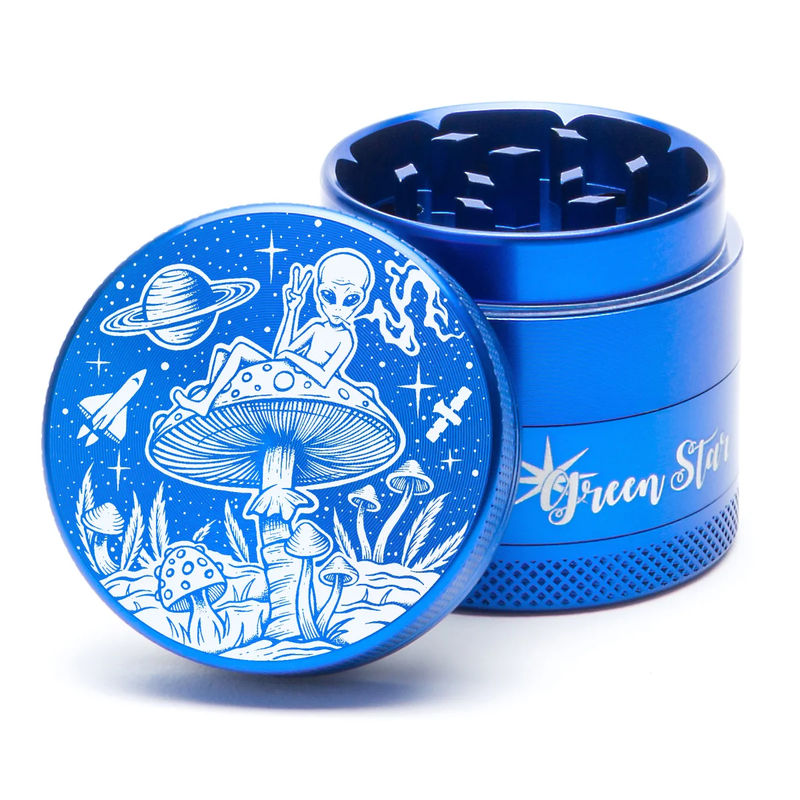 Green Star Creature Medium 4-Piece Grinder - Style:Alien On Mushrooms - Color:Blue