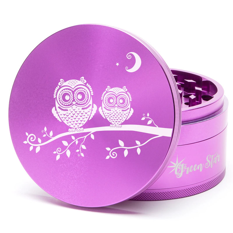 Green Star Creature Large 4-Piece Grinder - Style:Double Owls - Color:Purple