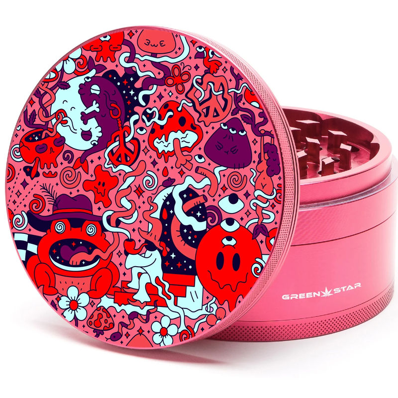 Green Star Creature Large 4-Piece Grinder - Style:Trippy Drippy - Color:Red
