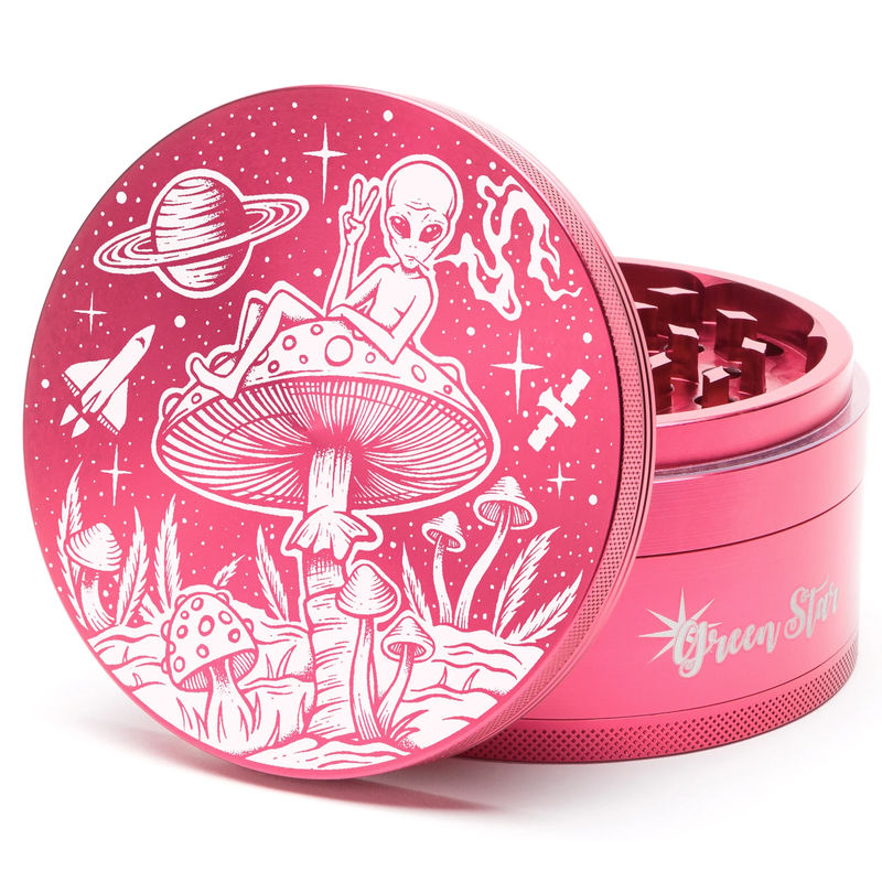 Green Star Creature Large 4-Piece Grinder - Style:Alien On Mushrooms - Color:Red