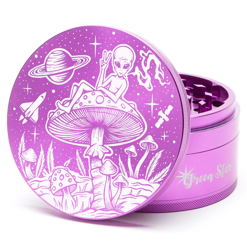 Green Star Creature Large 4-Piece Grinder - Style:Alien On Mushrooms - Color:Purple