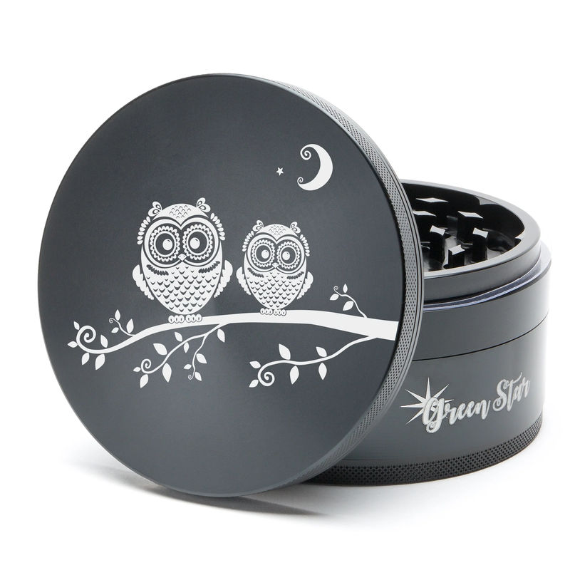 Green Star Creature Large 4-Piece Grinder - Style:Double Owls - Color:Black