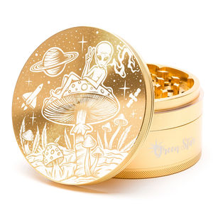 Green Star Creature Large 4-Piece Grinder - Style:Alien On Mushrooms - Color:Gold