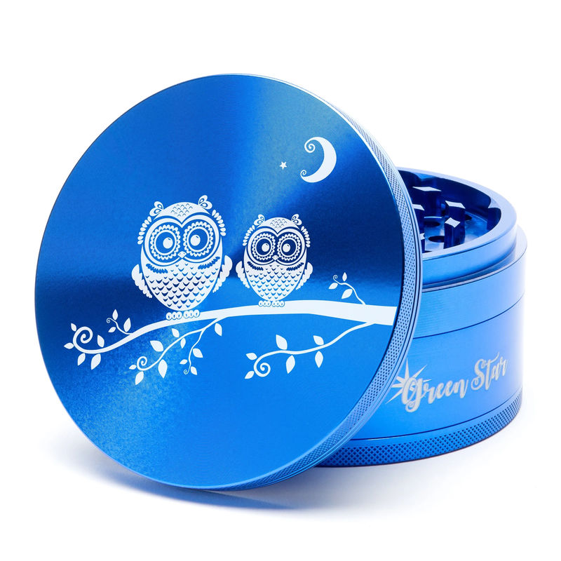 Green Star Creature Large 4-Piece Grinder - Style:Double Owls - Color:Blue