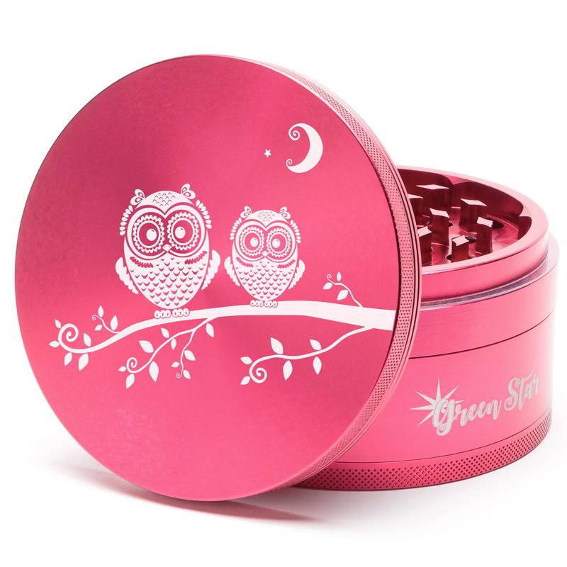 Green Star Creature Large 4-Piece Grinder - Style:Double Owls - Color:Red