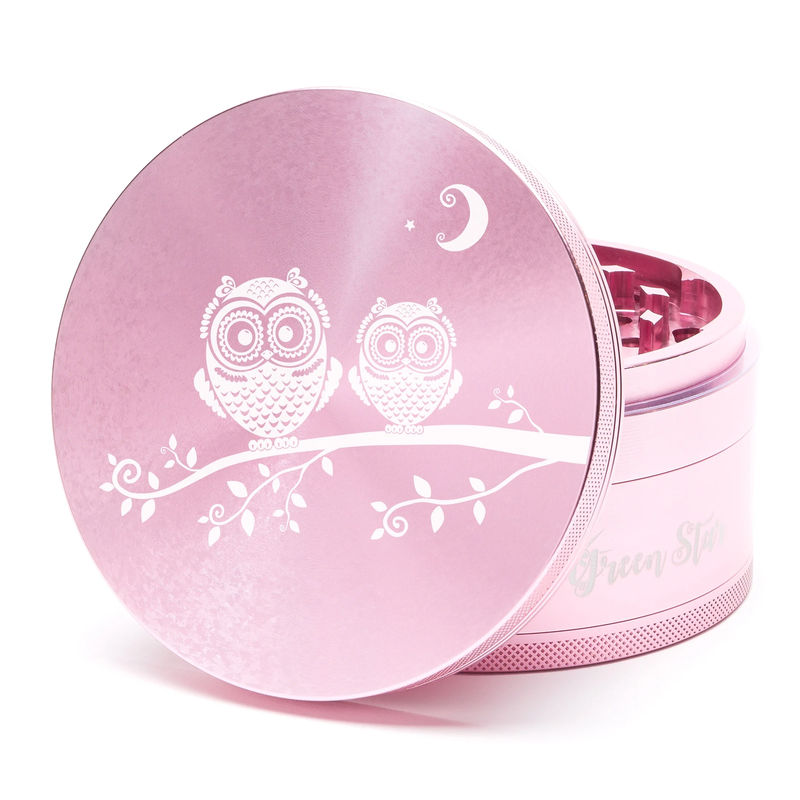 Green Star Creature Large 4-Piece Grinder - Style:Double Owls - Color:Pink