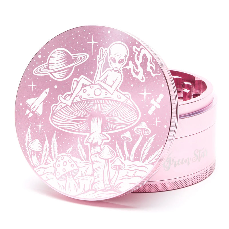Green Star Creature Large 4-Piece Grinder - Style:Alien On Mushrooms - Color:Pink