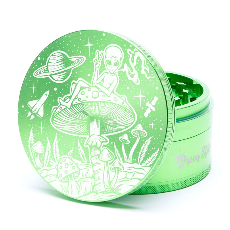 Green Star Creature Large 4-Piece Grinder - Style:Alien On Mushrooms - Color:Green