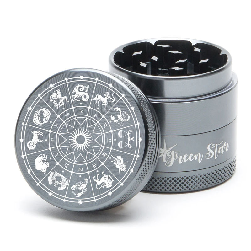 Green Star Novelty Medium 4-Piece Grinder - Style:Horoscope - Color:Grey