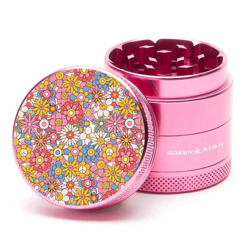 Green Star Novelty Medium 4-Piece Grinder - Style:Flowers - Color:Pink