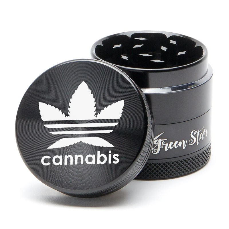 Green Star Novelty Medium 4-Piece Grinder - Style:Cannabis - Color:Black
