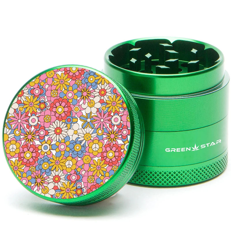 Green Star Novelty Medium 4-Piece Grinder - Style:Flowers - Color:Green