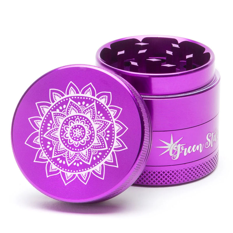 Green Star Novelty Medium 4-Piece Grinder - Style:Mandala - Color:Purple