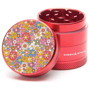 Green Star Novelty Medium 4-Piece Grinder - Style:Flowers - Color:Red