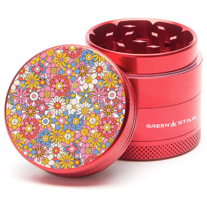 Green Star Novelty Medium 4-Piece Grinder - Style:Flowers - Color:Red