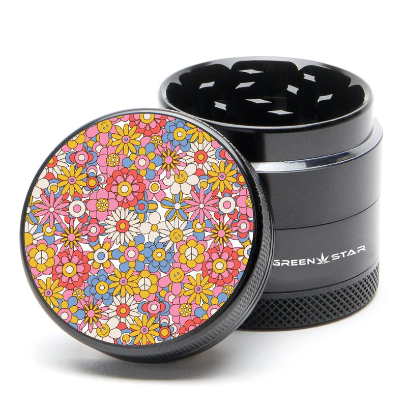 Green Star Novelty Medium 4-Piece Grinder - Style:Flowers - Color:Black