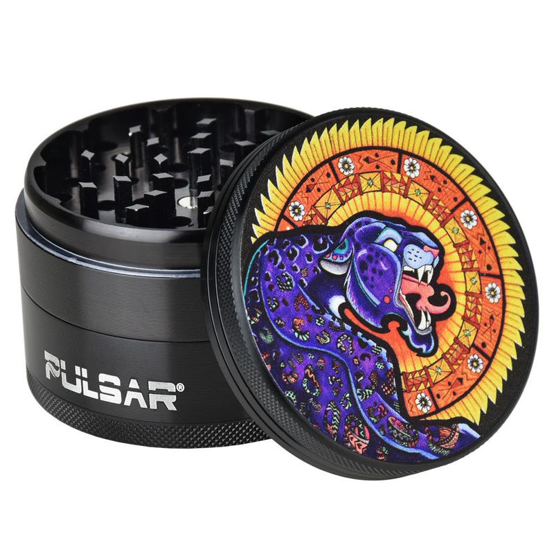 Pulsar 2.5” Metal 4-Piece Grinder - Multiple Designs! - Design:Psychedelic Jaguar
