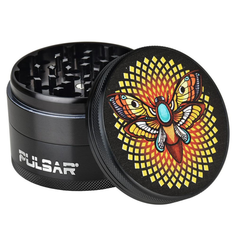 Pulsar 2.5” Metal 4-Piece Grinder - Multiple Designs! - Design:Psychedelic Moth