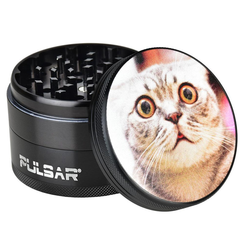 Pulsar 2.5” Metal 4-Piece Grinder - Multiple Designs! - Design:Stoned Cat