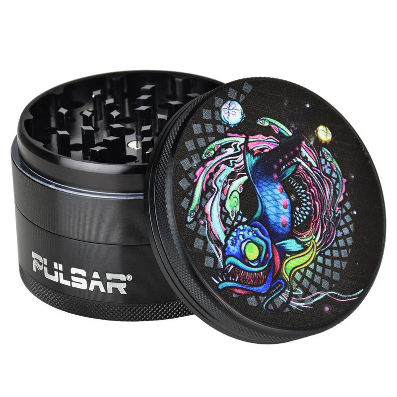 Pulsar 2.5” Metal 4-Piece Grinder - Multiple Designs! - Design:Psychedelic Dragonfish