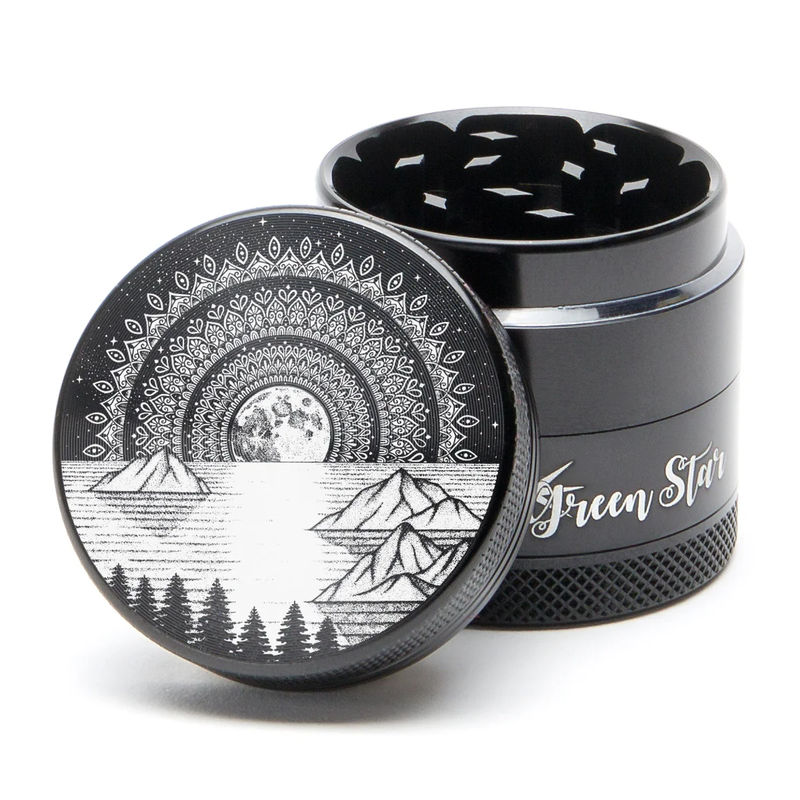 Green Star Scenic Medium 4-Piece Grinder - Style:Mountain Mandala - Color:Black