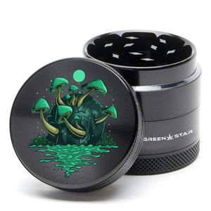 Green Star Scenic Medium 4-Piece Grinder - Style:Skull Mushrooms - Color:Black