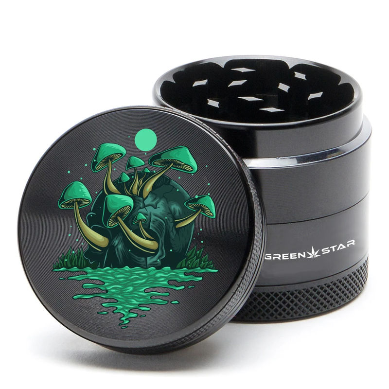 Green Star Scenic Medium 4-Piece Grinder - Style:Skull Mushrooms - Color:Black