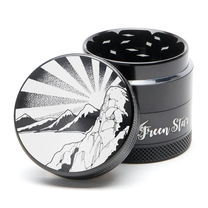 Green Star Scenic Medium 4-Piece Grinder - Style:Rising Sun Mountain - Color:Black