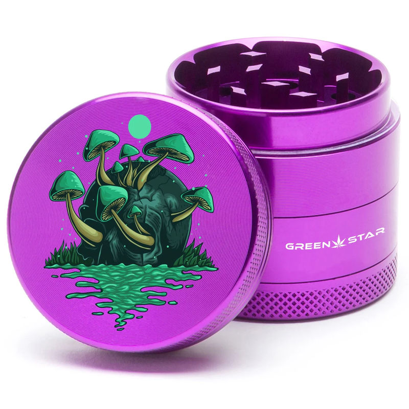 Green Star Scenic Medium 4-Piece Grinder - Style:Skull Mushrooms - Color:Purple