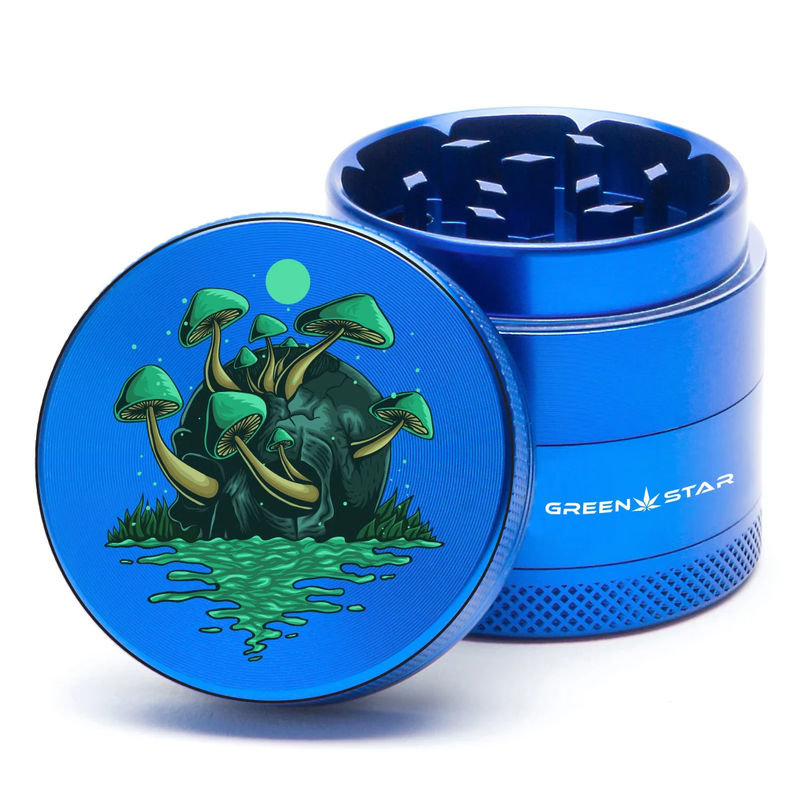 Green Star Scenic Medium 4-Piece Grinder - Style:Skull Mushrooms - Color:Blue