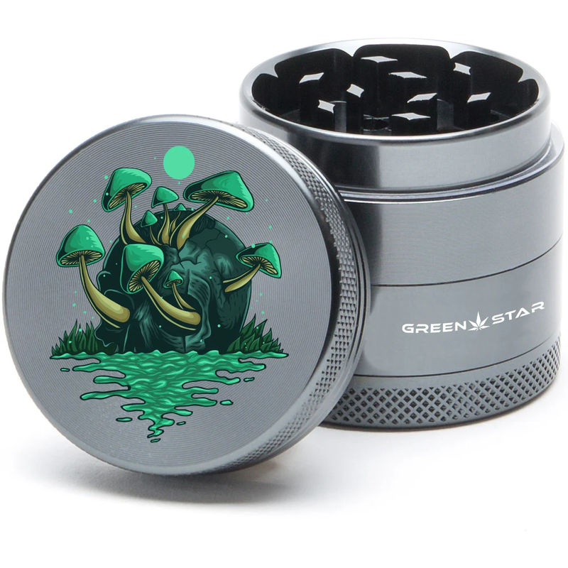 Green Star Scenic Medium 4-Piece Grinder - Style:Skull Mushrooms - Color:Grey
